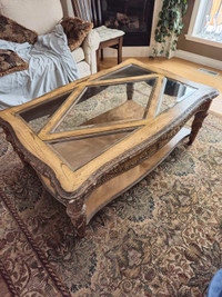 Traditional glass, wood and marble coffee table and end table