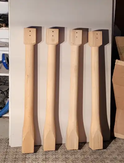 Set of 4 unused and unfinished solid wood column posts legs with square top, round middle and bevell...