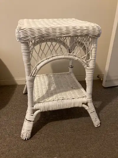 White wicker mirror and end table, View more
