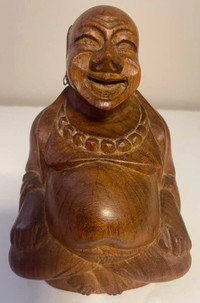 Vintage 6"Tall Hand-Carved Wooden Laughing Buddha Statue