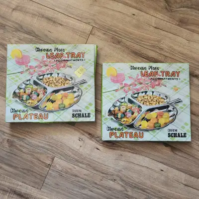 Serving trays for sale. VINTAGE. Two (2) available. Chrome-plated. Divided into 3 compartments. Leaf...