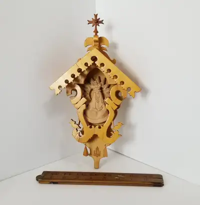 Virgin Mary carved grotto scroll cut wood vintage wall art 1940s, View more