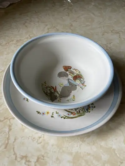 Vintage. Early 1980s. This heavy, off-white ceramic plate and bowl features a little boy with baby b...