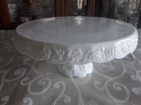 VINTAGE WHITE MILK GLASS, PEDISTAL CAKE PLATE - GRAPEVINE 11"x5"