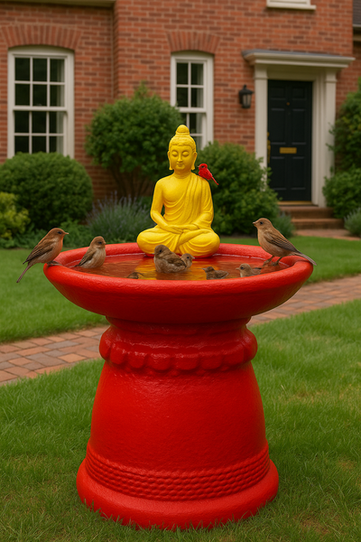 Eye-Catching Red/Yellow Buddha Birdbath, View more