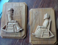 2 Wooden Hand-Carved Wall Plaques, Grandma and Grandpa Rocking