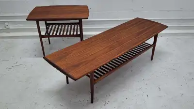 Mid-century walnut coffee table and side table set, View more