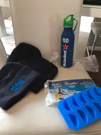 Coors toque, lime ice cube tray, Heineken water bottle