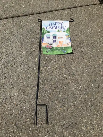 Happy Camper Flag with metal stake Measures 37” high x 17” wide at the top