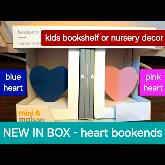 Kids room decor - blue and pink hearts bookends - NEW / NIB in Home Décor & Accents in Barrie