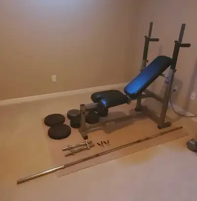 weightlifting bench and weights, View more