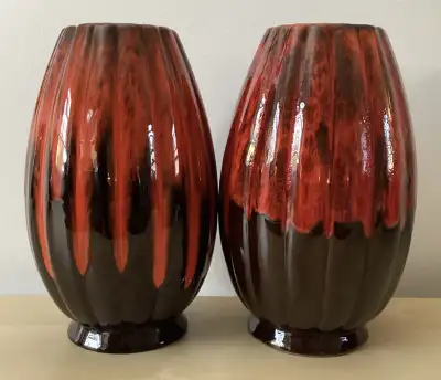 EVANGELINE Pottery Vases Orange & Brown Drip Glaze MCM 8.5”, View more