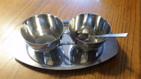 Stainless steel gravy boat, cream & sugar set, one cup tea pot