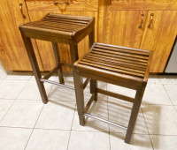 Medium Tone Brown Barstools With Slatted Saddle Seat, Set of 2 p