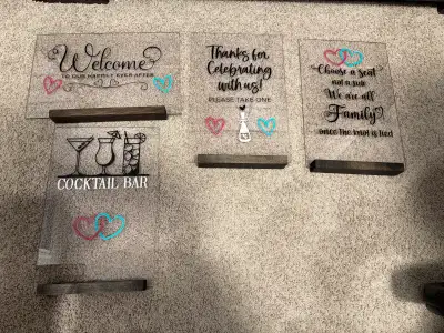 Custom plexi glass signs with stained wooden bases 13.5” by 9” (just the plexi measurement) the cock...