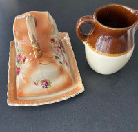  Vintage covered cheese dish, and Roseville milk jug 