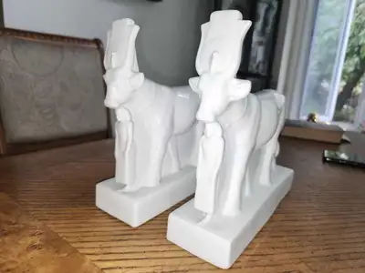 Pair of Ancient Egyptian style Sacred Cow God Apis porcelain Bookends wach measuring 8.5" by 8" by 2...
