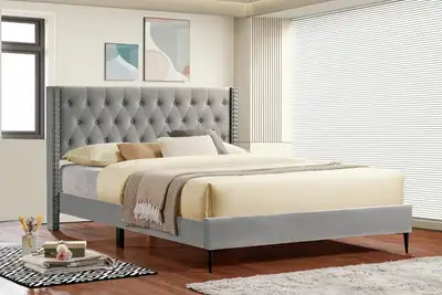 Grey Velvet Bed Available in Queen & King , View more