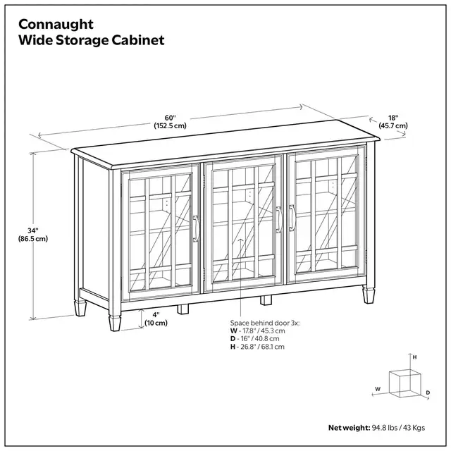 Connaught 60"W Solid Wood 3-Shelf Storage Cabinet Buffet w/Glass in Bookcases & Shelving Units in Hamilton - Image 5