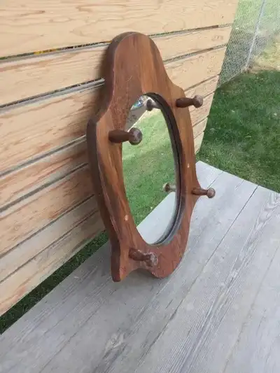 Vintage Wooden Entryway Mirror with Pegs, View more