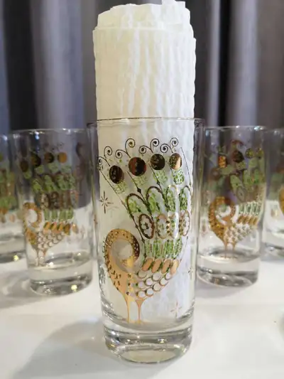 Vintage Peacock Glasses With Raised Design and Gold Trim and Acc, View more