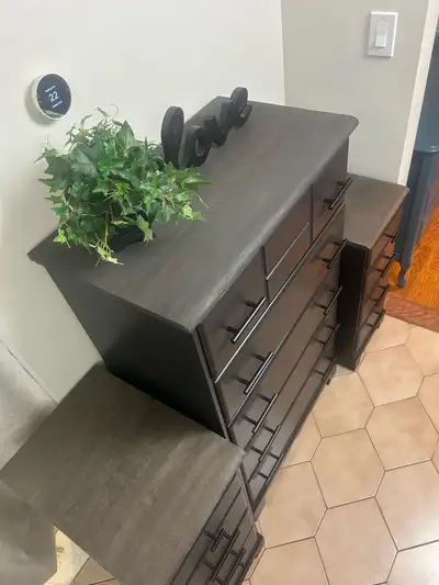 Refinished solid wood tallboy and pair of condo size nightstands, View more