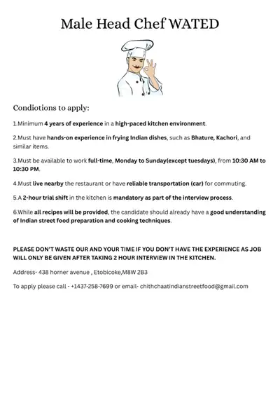 Head Chef Wanted- Please read the conditions before applying., View more