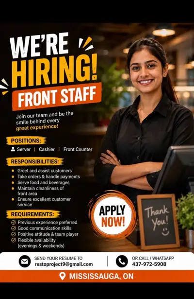 we are hiring front staff, View more