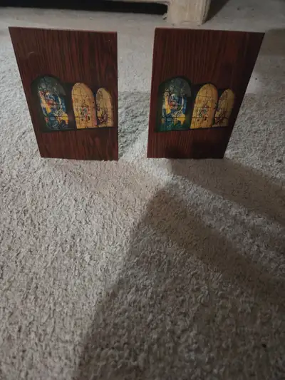 Vintage Stained-Glass Triptych Bookends, Church-Window Arches, View more