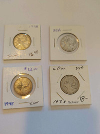 4, Old Silver Canadian Quarters