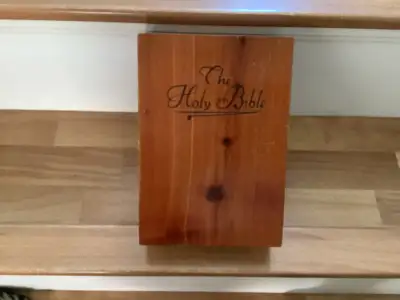 White bible in cedar storage box Circ 1970 Size 9 x 6.75 x 1.75 $45 Can deliver to Bayers Lake Park