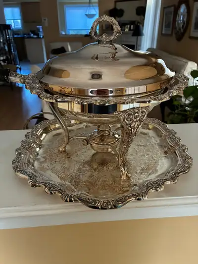 Vintage Silver Plate Chafing Dish with Tray set., View more