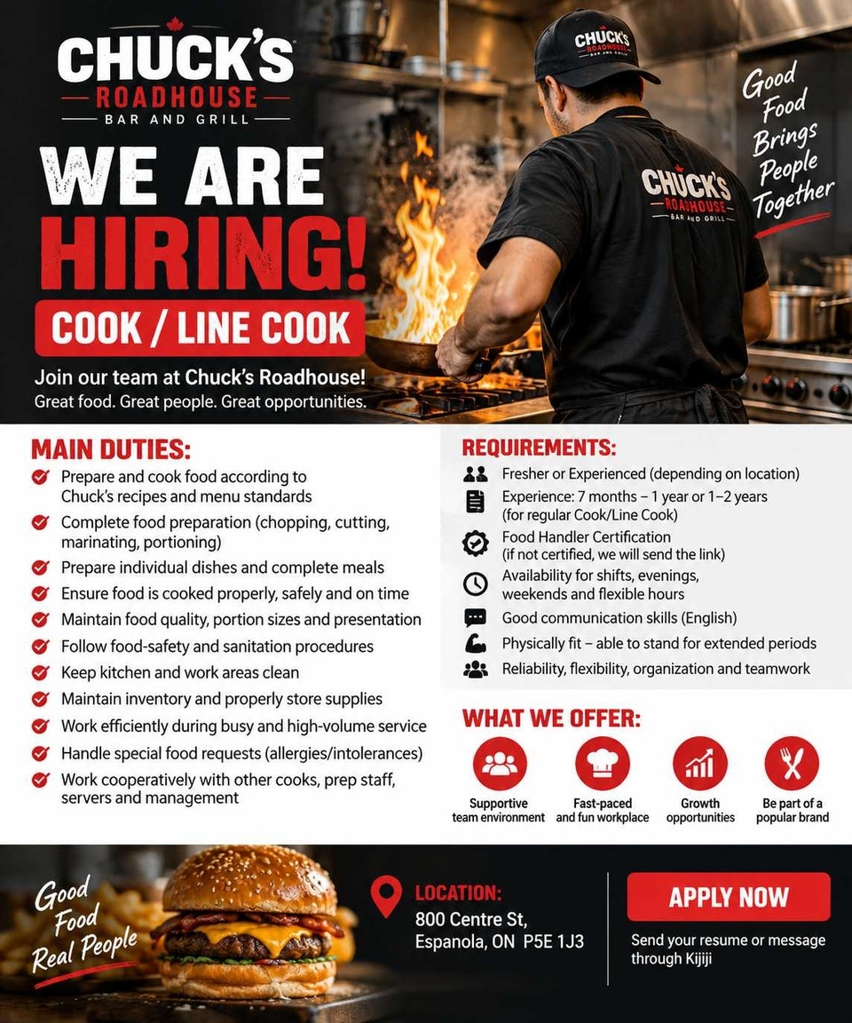 Hiring Cook / Line Cook – Chuck’s Roadhouse, Espanola | Bar, Food ...