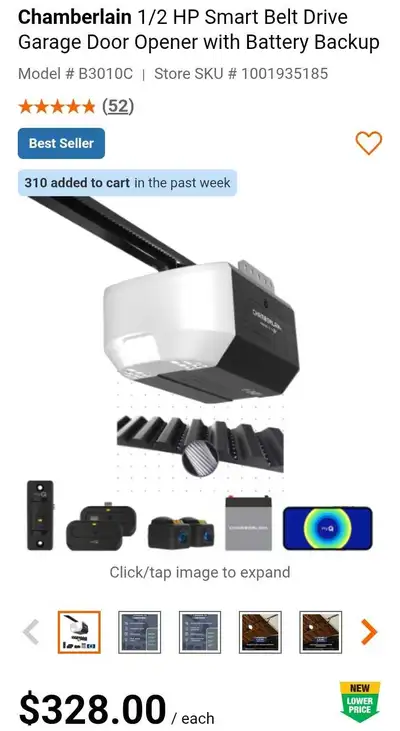 1/2 HP Smart Belt Drive Garage Door Opener w/ Battery backup, View more