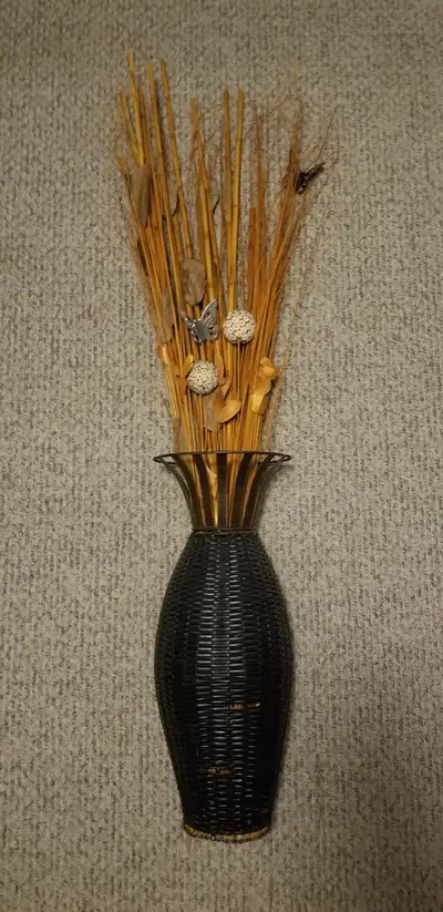 Tall Black Wicker Floor Vase with Dried Floral Reed Arrangement, View more