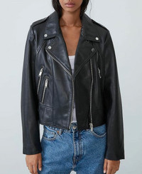 Zara 100% cuir real leather manteau biker coat jacket blazer top