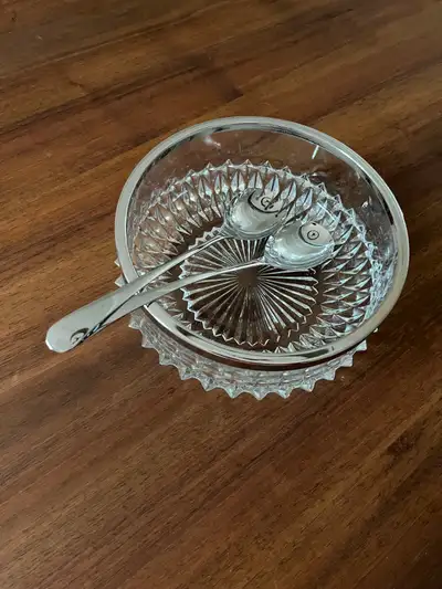Vintage glass serving bowl with serving utensils, View more