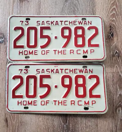 1973 Saskatchewan License Plates Pair RCMP Centennial Plate Pick up in West Kamloops Etransfer avail...