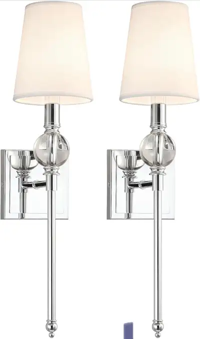 XiNBEi Lighting Wall Light Set of Two, Wall Lamp with White Fabric Shade Chrome Retail Price $140