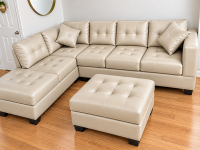 Beige Faux Leather Sectional Sofa with Ottoman, View more