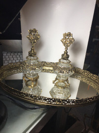 Antique Brass Mirrored Vanity Tray Perfume Bottles