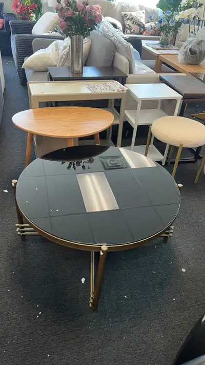 Beautiful round Coffee Table Tempered Glass Top Golden Metal, View more