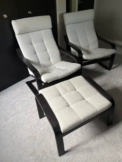 Poang chairs and foot stool, View more