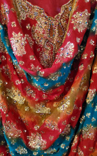 Beautiful red jamawaar fabric fancy dress