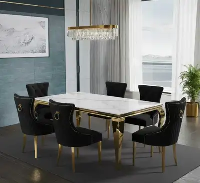 White Marble Dining Table with Gold Frame and Black Chairs, View more