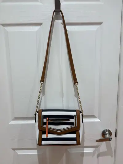 Striped Crossbody Bag with Brown Trim, View more