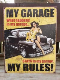 Collectible Tin Sign What Happens in My Garage 16 X 12.5