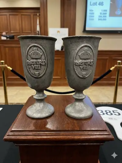 Vintage Heavy-Cast Pewter Goblets (Pair) – King Henry VIII Tudor Crest 7" Tall Item Description Tran...