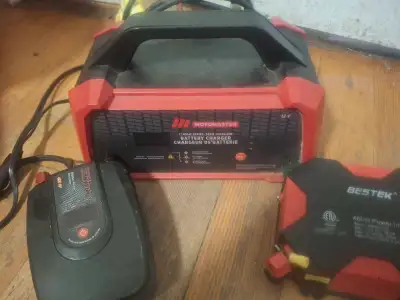 This Motomaster Classic Series 12V battery charger, paired with two 400W power inverters (one Elimin...