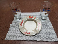2 vintage Labatts beer glasses , enameled steel ashtray &6 coas 
